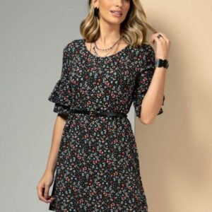 VESTIDO CINZA CHUMBO COM ESTAMPA FLORAL